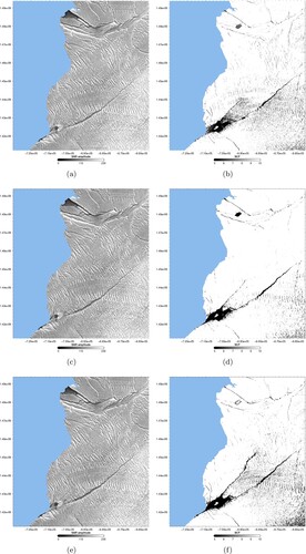 Figure 5. The comparison between SAR amplitude maps and SCF maps. The SAR amplitude maps acquired on (a) 20200727, (c) 20201001 and (e) 20201206; (b) The SCF maps with respect to the interferometric pairs (a) 20200727/202008002, (c) 20201001/20201007 and (e) 20201206/20201212.