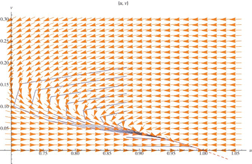 Figure 7. The center manifold u=h(v) (the dashed curve) when μ=1, q=1.6, and r=.8.