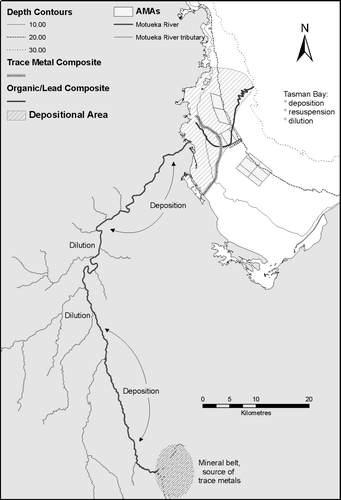 Figure 11  Depositional footprint of the Motueka River plume in Tasman Bay, based on trace metal and organic matter/Pb composites, and the mechanism of delivery of Ni- and Cr-enriched sediments from the upper catchment. The mineral belt region is not drawn to scale.