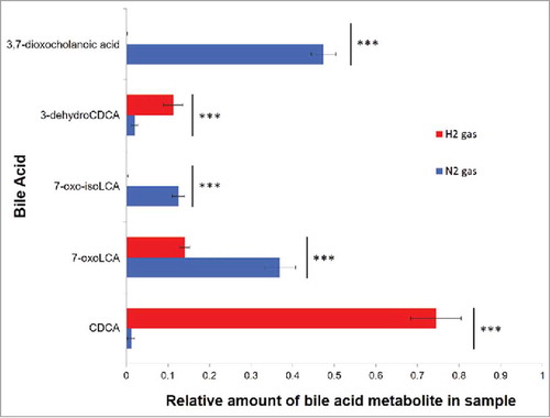 Figure 6. Effect of gas atmosphere on the formation of bile acid metabolites by E. lenta strain C592. Relative amount of CDCA metabolites formed by cultures of E. lenta C592 inoculated in Balch tubes in which headspace contained either H2 (red) or N2 (blue) (0.68 Atm). Bile acids were extracted after 24hrs growth in BHI + 1% arginine at 37°C. Experiments were repeated in triplicate ± standard errors and data were analyzed by two-tailed T-test ***p < 0.0001.