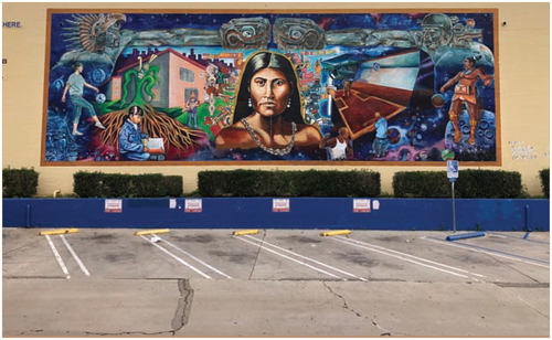 Figure 12. Raul González, Ricardo Estrada, and Joséph “Nuke” Montalvo, Conoce Tus Raices, Toypurina Mural, 60 ft. x 20 ft., Ramona Gardens, East Los Angeles, California, 2009. Photograph by Jaclyn Tobia, January 2023.