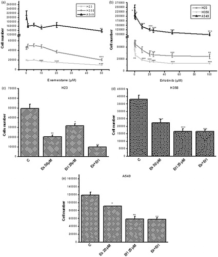 Figure 1. Dose-response of (a) exemestane and (b) erlotinib of H23, H358 and A549 cells. Different doses of exemestane or erlotinib were applied on cell lines; and 48 h later, cell number was estimated by colorimetric MTT assay. Combined targeting of aromatase and EGFR with exemestane and erlotinib on (c) H23, (d) H358 and (e) A549, respectively, 48 h after drug application. The results were expressed as cell number ± SEM. Asterisks denote a statistically significant difference compared to untreated cells. *p < 0.05, **p < 0.01 and ***p < 0.001. C: control, Ex: exemestane, Erl: erlotinib and Ex + Erl: exemestane and erlotinib.