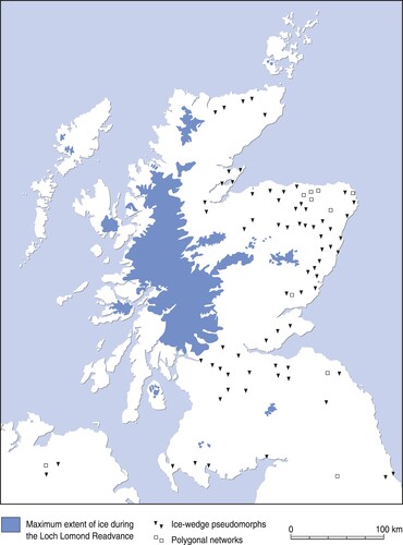 Figure 3. Distribution of landforms and soil structures that demonstrate Lateglacial permafrost down to sea level in Scotland, and limit of glacier ice during the Loch Lomond Stade.