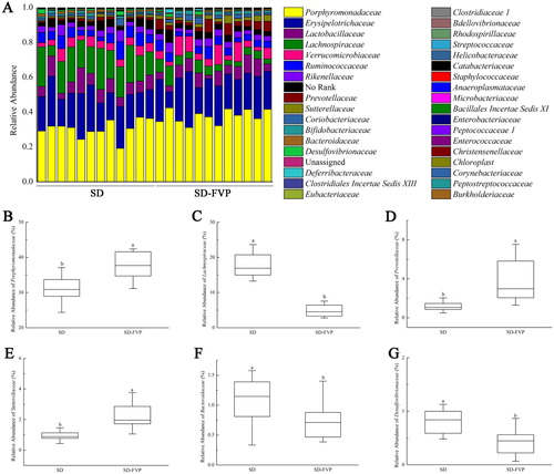 Figure 7. Gut microbial compositions of mice at the family level. (a) Relative abundance of major species across 24 faecal microbiomes; (b–g) Relative abundance of different species across each grouped microbiome. Values are means ± SDs. n = 12. Different lowercase letters (a > b) mean a significant difference in a different treatment group (P < .05).