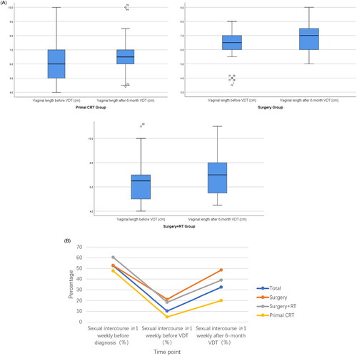 Figure 3. (A) The vaginal length before vaginal dilation therapy (VDT) and after 6 months of VDT in the different groups (cm). (B) The percentage of sexual intercourse ≥1 weekly before diagnosis, before VDT and after 6 months of VDT in the different groups.