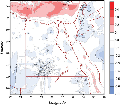 Figure 5. Difference in gravity anomalies between using fine DHM 1′′ x1′′ and using fine DHM 3′′ x 3′′ with the same coarse DHM 30′′ x30′′ [units in mgal].