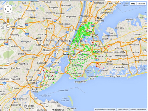 Figure 1. Screen capture of map generated by CANVAS to display block faces selected (green) and locations where no block face could be found (red). The cluster of red dots in the lower right just above the word Inwood is JFK airport.