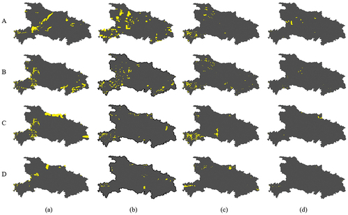 Figure 18. Cloud amounts of different methods at the different TOIs. (a)–(d) Represent the results of MICR, RMGC, PTSM, and the presented method, respectively; A–D represent the TOIs that are “01 June 2015”, “01 September 2015”, “01 December 2015”, and “ 01 January 2016”, respectively.