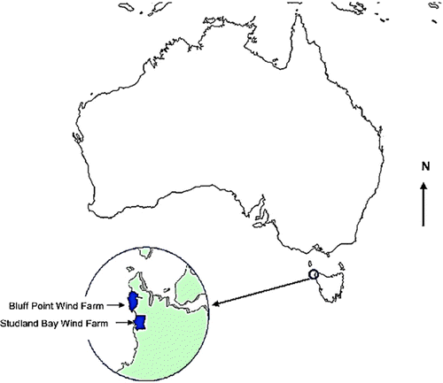 Figure 1  Location of the Bluff Point and Studland Bay Wind Farms in north-west Tasmania.
