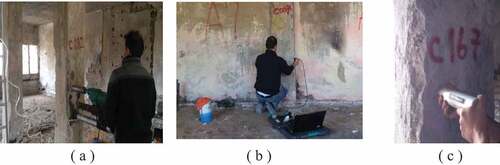 Figure 3. Some photos during testing (a) core sampling, (b) ultrasonic test, (c) rebound hammer.