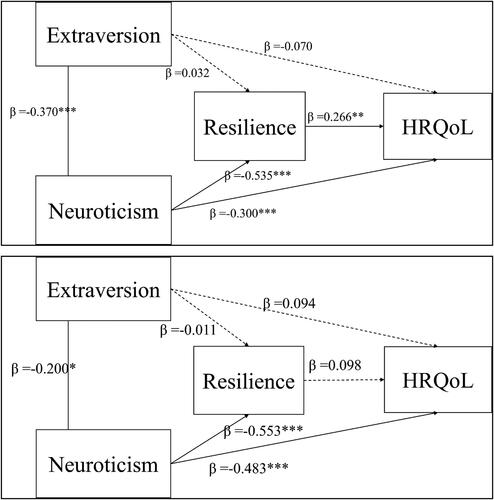 Figure 3. Multi-group path analysis (upper: financially poor group; lower: financially rich group).