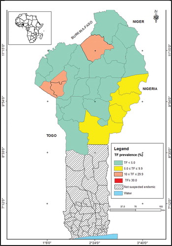 Figure 1. Prevalence of trachomatous inflammation – follicular (TF) in Benin.