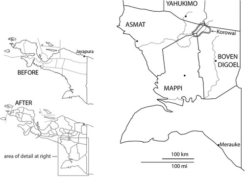 Figure 1. Left, Regencies in Papua before and after redistricting processes of the early 2000s. Right, Korowai lands divided across four Regencies, with Regency seats as dots.