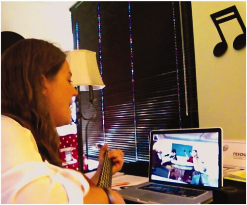 Figure 3. Music therapist facilitating active music making for relaxation with guitar (MT-BC) and table drum (participants) during a music therapy telehealth group session.