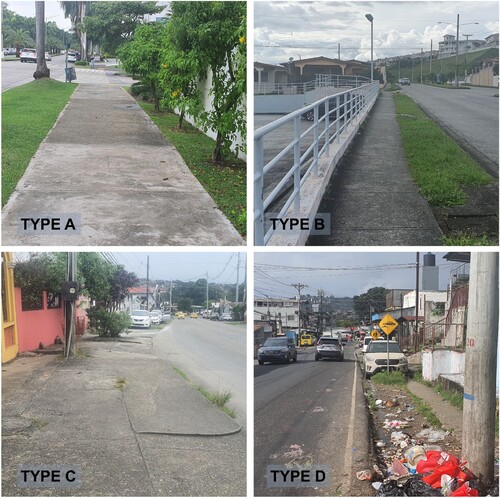 Figure 5. Sidewalk condition in the province of Panama. The first quadrant shows sidewalk type A, the second quadrant shows type B, the third quadrant shows type C, and the fourth quadrant shows type D.