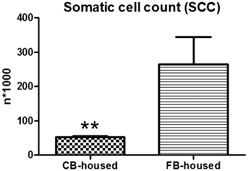 Figure 3. Somatic cell count (SCC) in CB-housed and FB-housed dairy cows. **=statistical significance (p < .01). CB: compost barn; FB: free-stall barn.