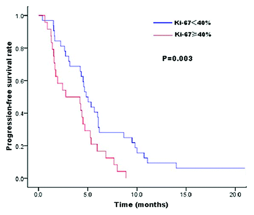 Figure 1. Kaplan–Meier estimates for PFS of lapatinib plus capecitabine therapy in patients with trastuzumab resistance. PFS was significantly longer in patients who had a Ki-67 index <40% than in patients who had Ki-67 ≥40% (HR = 0.41, 95% CI, 0.23–0.74, P = 0.003 by Cox regression model).