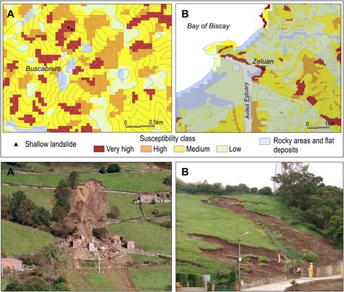 Figure 4. Rainfall-induced landslide triggered by November 2003 rainfall: (A) Buscabreiro and (B) Zelúan. Map fragments show the location of the landslide on the susceptibility map. In both cases, the location of the rainfall-induced landslide on cells classes as Very High Susceptibility is related to the presence of surficial deposits (colluvium deposits).