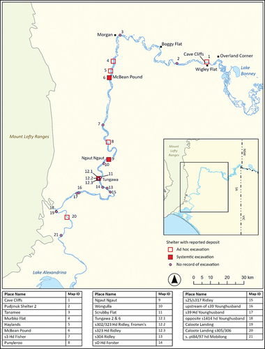 Figure 2. The location of Cave Cliffs Rockshelter and other places mentioned in the text. Also shown are the locations of other rockshelters along the Murray River in SA that have been reported to contain archaeological deposits.
