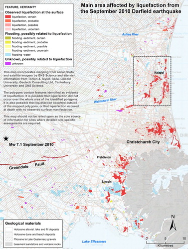 Figure 9. Main area affected by liquefaction from the September 2010 Darfield earthquake. Grey dashed box outlines the area shown on Figure 10. Note that this map does not display the liquefaction mapping by Tonkin & Taylor – see text for details. See Brackley et al. (Citation2012) and Datasets S1–S2 for full coverage. Epicentre location (black star) is from GeoNet. Background map is LINZ Topo250. Surface geological data from Forsyth et al. (Citation2008) and Heron (Citation2014). This figure includes data extracted from the Canterbury Geotechnical Database (https://canterburygeotechnicaldatabase.projectorbit.com/), which were prepared and/or compiled for the Earthquake Commission (EQC) to assist in assessing insurance claims made under the Earthquake Commission Act 1993 and/or for the Canterbury Earthquake Recovery Authority (CERA). The source maps and data were not intended for any other purpose. EQC, CERA, their data suppliers and their engineers, Tonkin & Taylor, have no liability for any use of the maps and data or for the consequences of any person relying on them in any way.