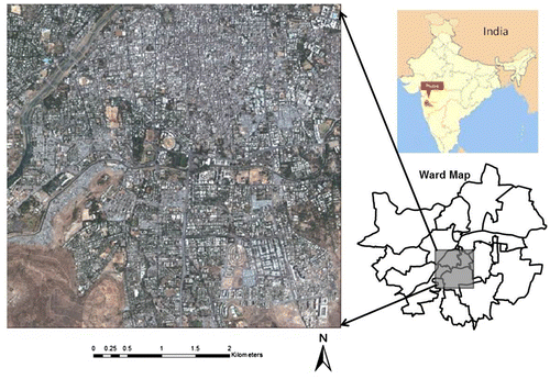Figure 1. Location map of the study area in the south-western part of India. The ward map shows the administrative wards of Pune city. The pan-sharpened Quickbird image is from the central part of the city.