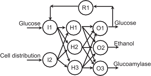 FIGURE 5 Topology of the recurrent neural network used here. I1, I2 = input neurons; H1, H2, H3 = hidden neurons; O1, O2, O3 = output neurons; R1 = recurrent neuron.