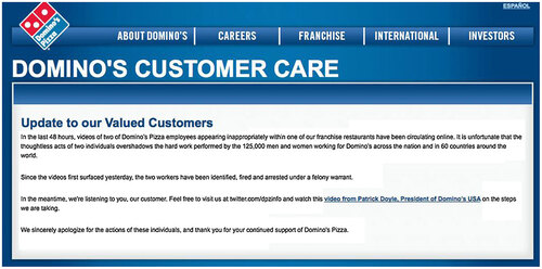 Figure 8. Domino’s official website a few days after the incident.