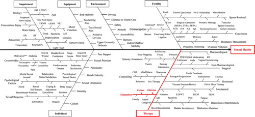 Figure 1 Sexual Health Driver diagram. The impairment branch is common to the 11 SCI-High Project Domains. UEMS: upper-extremity motor score; LEMS: lower-extremity motor score; NLI: neurological level of injury; AIS: ASIA impairment scale; HR: heart rate; BP: blood pressure; IUD ± H: intrauterine devices ± hormone therapy; PVS: penile vibratory stimulation; MESA: microsurgical epididymal sperm aspiration; TESA: testicular sperm aspiration; PESA: percutaneous epididymal sperm aspiration; ICSI: intracytoplasmic sperm injection; IVF: in vitro fertilization; IUI: intrauterine insemination; IVI: intravaginal insemination; PDE5I: phosphodiesterase Type 5 inhibitors; ICI: intracervical insemination; CBT: cognitive behavioral therapy; LESWT: low energy shock wave therapy; EROS: Environmental Rewards Observation Scale; TENS: transcutaneous electrical nerve stimulation; AD: autonomic dysreflexia. *Oral contraception, patches/rings, and provera. **Opioids, antidepressants, antispastic, antihypertensive, and hormones.