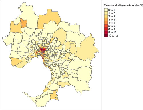 Figure 4. Proportion of all trips that were made by bike (per SA2).