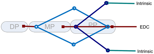 Figure 3. Model structure of the extensor web with the Extensor Digitorum muscle and intrinsic muscles included. The bullets and squares represent the insertion- and via-points included in the model. DP = Distal Phalange. MP = Medial Phalange. PP = Proximal Phalange.