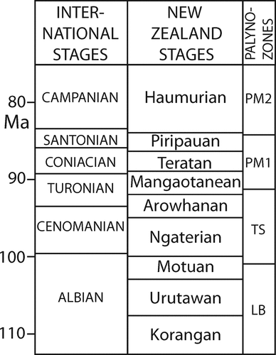 Fig. 2 Chronostratigraphic stages of the mid-Cretaceous. Left column shows the international stages. Middle column shows the correlative New Zealand stages. Right column shows the palynostratigraphic zonation of Raine (Citation1984). LB = Lycopodiacidites bullerensis Assemblage Zone. TS = Trichotomosulcites subgranulatus Assemblage Zone. PM1 = Phyllocladidites mawsonii Assemblage Zone. Ma = millions of years ago. Correlation follows Crampton (Citation2004) and Cooper (Citation2004).