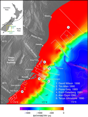 Figure 1  Position of sub-bottom profile surveys presented in this paper. Numbers refer to MSc theses of (1) Wilson (Citation1998), (2) Allan (Citation1990), (3) Gray (Citation1993), (4) Osterberg (Citation2001), (5) Orpin (Citation1992) and (6) Johnstone (Citation1990) for which the data were collected. Lines presented within this paper are identified by dotted lines and labelled with their line numbers; line numbers are unique only within a particular survey. Shaded topographical relief map on land. Offshore contoured colour bathymetry courtesy of NIWA. Contour interval 100 m. Inset map shows location of main map in relation to New Zealand and the regional plate boundary.