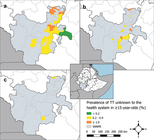 Figure 2. Prevalence of TT unknown to the health system in people aged ≥15 years and above in SNNP and Sidama regions, Ethiopia, during the (A) first, (B) second and (C) third impact survey during this series. The boundaries and names shown, and the designations used on this map do not imply the expression of any opinion whatsoever on the part of the authors, or the institutions with which they are affiliated, concerning the legal status of any country, territory, city or area or of its authorities, or concerning the delimitation of its frontiers or boundaries.