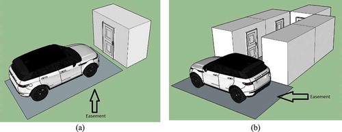 Figure 6. (a) Easement on parking space for accessing the storage. (b) Easement on parking space to give access to a corridor including several storages