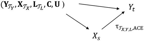 Figure 1. Causal diagram that shows the relationship between the covariates, the exposure Xs, and the outcome Yt. τTX,Y,L,ACE denotes the average causal effect (ACE) of Xs on Yt.