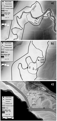 Figure 2. Field site instrumentation: (a) wetland A of the De la Roche River (flow is from right to left), (b) wetland B of the De la Roche River (flow is from top to bottom) also showing the presence of a cold spot (localized groundwater contribution), and (c) wetland on the Matane River (flow is from bottom right to top left). Note the former meander loops which are visible in the LiDAR DEM in (c). The freedom space limits (defined in Biron et al. Citation2014) are indicated in each case with a solid black line.