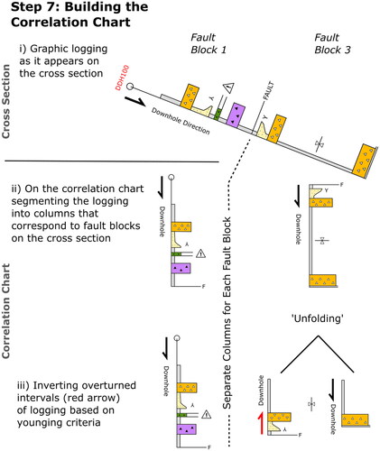 Figure 7. Step 7: Diagram showing the process for building the correlation chart using graphic logging and a graphics editor. Refer to text in ‘step 7’ for descriptions.