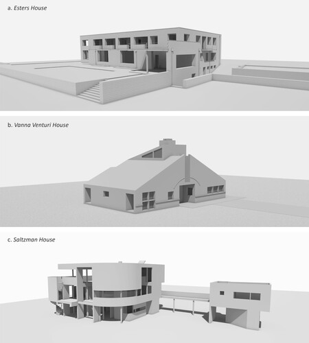Figure 1. Examples of canonical Modern, Postmodern and Neo-modern houses: a. Esters House by Mies van der Rohe, b. Vanna Venturi House by Robert Venturi with Denise Scott Brown and Saltzman House by Richard Meier.