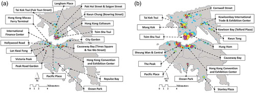 Figure 8. Taking the hot spot maps for (a) tourists’ and (b) residents’ check-ins in Central Urban Areas of Hong Kong in 2012 as examples.