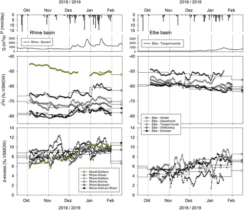 Figure 5. Precipitation (for DWD-stations Andernach-Koblenz and Potsdam [Citation22]) and discharge patterns (for BfG stations at Koblenz, Rhine and Tangermuende, Elbe) and δ2H and d-excess values of high-temporal and monthly resolution following the very dry and low-flow summer/autumn period from October 2018 to end of January 2019 at stations of the Rhine and Elbe basins.