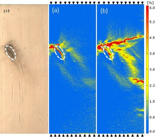 Figure 4. Structural timber specimen with knot under compression loads parallel to grain. Equivalent strain images are shown at (a) maximum load, 158 kN (σ=44 MPa); and (b) after failure at a load of 130 kN (σ=36 MPa).