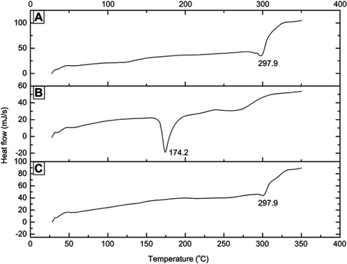 Figure 5 DSC thermograms of β-cyclodextrin nanosponges (A), ferulic acid (B), and ferulic acid-loaded nanosponges (C).