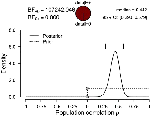 Figure 4. JASP graphical output for the Bayesian correlation analysis incorporating the prior information that ρ > 0.