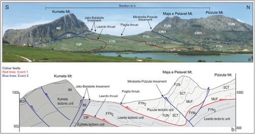 Figure 5. (a) Panoramic view of the Kumeta Mt. (left side) and the Pizzuta Mt. (right side) where the Trapanese and Imerese successions, respectively, outcrop. The thrust of the Imerese tectonic unit over the Trapanese unit crops-out between Kumeta and Maja e Pelavet Mts. The main tectonic structures are shown (black and blue lines, Event 1 and Event 2, respectively). (b) Geological cross-section along the skyline of picture in (a).