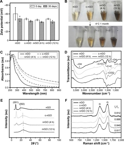 Figure 3 Characterizations of nano-materials.Notes: Zeta potentials (A), photographs (B), UV–vis absorption spectra (C), FTIR spectra (D), XRD patterns (E), and Raman spectra (F) of nGO, c-nGO, nrGO (4 h), and nrGO (12 h). nrGO (4 h) and nrGO (12 h) were formed by bathing nGO under 90°C water for 4 and 12 hours, respectively.Abbreviations: FTIR, Fourier transform infrared; XRD, X-ray diffraction; nGO, nano-graphene oxide; c-nGO, carboxylated nano-graphene oxide; nrGO, reduced nano-graphene oxide; au, arbitrary unit; UV-vis, ultraviolet–visible; ID/IG, the intensity ratio of D band to G band in Raman spectra; h, hours.