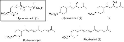 Figure 1. Structures of hymenoic acid (1) and the related natural products.
