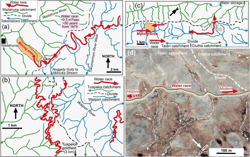Figure 3. Examples of anthropogenic water-race connections (red) linking headwaters across major drainage divides (dashed lines) in southern New Zealand, constructed for past gold mining. Water race links are documented between headwaters of A, Waitahuna (Clutha) and Tokomairaro rivers (Barnett Citation2016); B, Waipori (Taieri) and Tuapeka (Clutha) rivers; and C, Totara Ck (Taieri) and Pool Burn (Clutha). D, Annotated Google Earth image of the race in C, as it crosses the divide. Note rotated view compared to map in C.