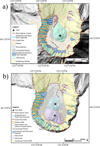 Figure 3. Evolution of the Mount St. Helens crater through the comparison of 2003 LiDAR (a) and 2009 (b). 2009 LiDAR information: Projected Coordinate System UTM Zone 10N; Map Datum NAD 1983.