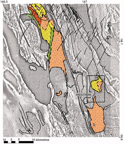 Figure 2. Gurragong Group, northwest to southeast of Ardlethan. Walleroobie Ignimbrite (orange), Corella Ignimbrite (red), Indarra Tuff (green), and felsic coherent units of the Mount Ariah Rhyolite (yellow) are highlighted. Units are drawn on an image combining the first vertical derivative of total magnetic intensity data, GSNSW Seamless Geology (Colquhoun et al., Citation2019). The rectangle indicates the location of Figure 7.