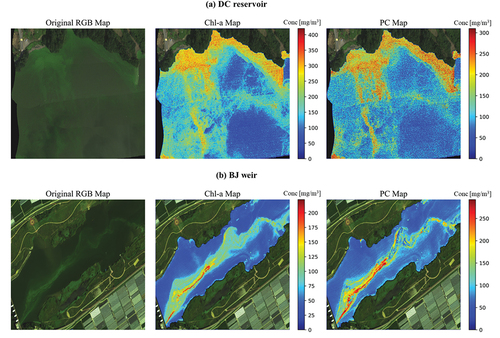 Figure 12. Distribution maps of chlorophyll-a (Chl-a) and phycocyanin (PC) concentrations by (a) drone-borne hyperspectral image in Daecheong (DC) reservoir and (b) airborne hyperspectral image in Baekje (BJ) weir. The left column images are the original RGB images.